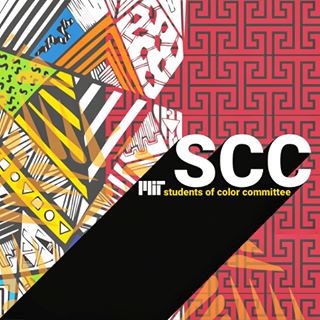 The S.C.C. logo on top of a colorful mix of patterns.