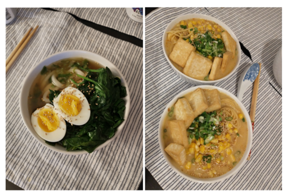 Two images of noodles: On the left, a bowl of noodles with leafy green veggies, a hard-boiled egg sliced in half, and sesame seeds. On the right, two bowls featuring slices of baked tofu, vegetables, and sesame seeds.