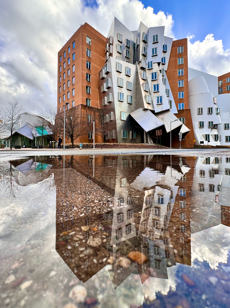 The Stata Center is seen from across the street, its reflection also very clear in a puddle on the sidewalk. Silver and white clouds provide a backdrop.