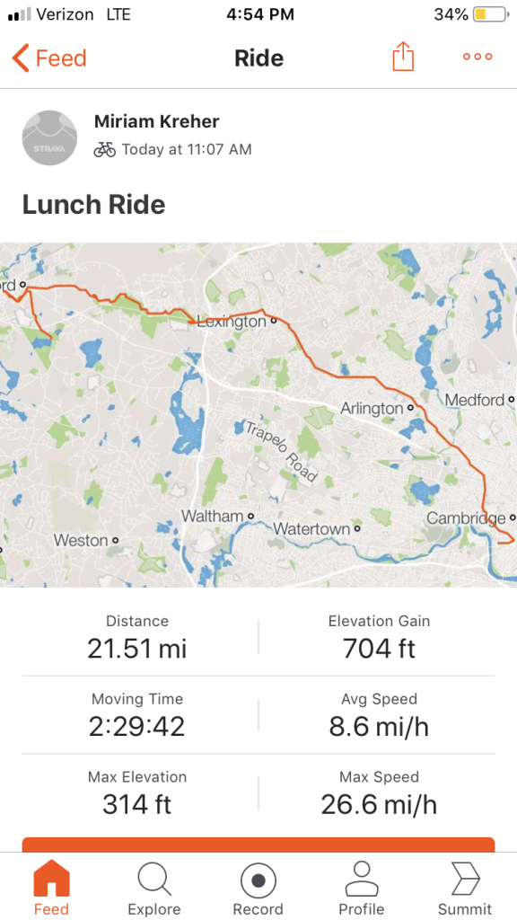 Miriam's Strava itinerary, named "Lunch Ride," with the following statistics: Distance, 21.51 miles. Elevation gain, 704 feet. Moving time, 2 hours, 29 minutes, and 42 seconds. Average speed, 8.6 miles per hour. Maximum elevation, 314 feet. Maximum speed, 26.6 miles per hour.