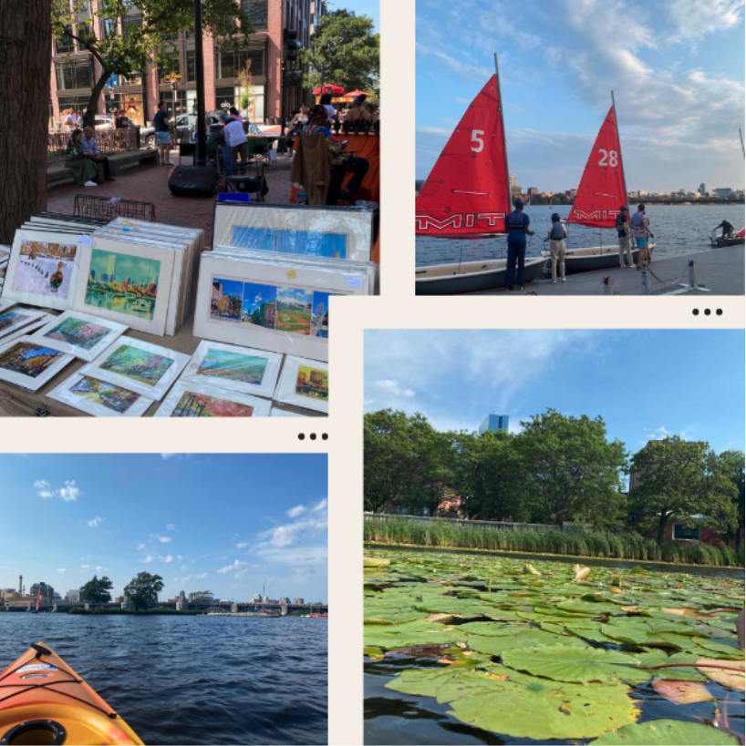 Outdoor activities including Newbury street pop-ups, sailing, and kayaking on Charles River.