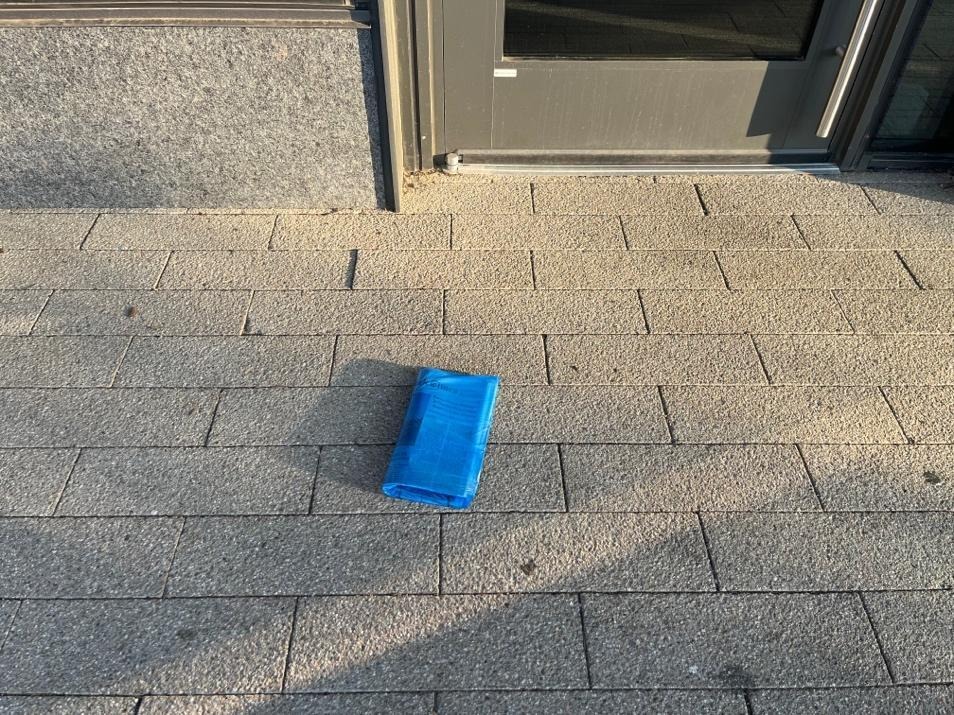 A newspaper in a transparent blue plastic sleeve on the ground in front of a door