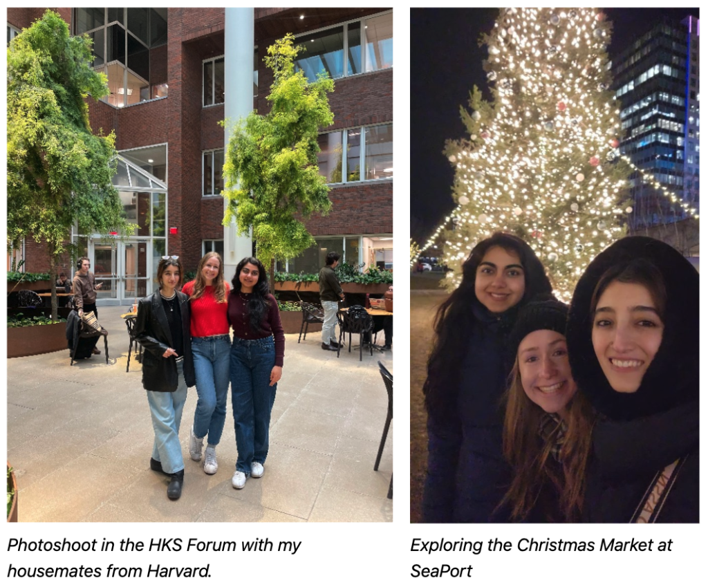 First image: Three women stand arm-in-arm in front of a university building courtyard on a sunny day.
Second image: Three women in winter clothing and big smiles stand in front of a brightly lit Christmas tree at night, with a tall building in the background.