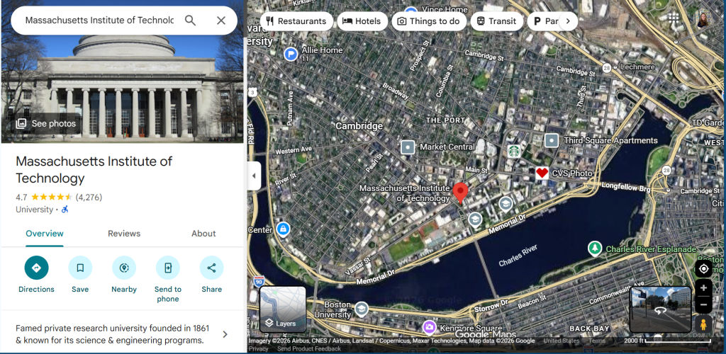 Image of a Google Maps listing for MIT, with a satellite image of campus
