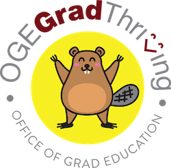 GradThriving logo, a cartoon beaver holding hands up in joy.